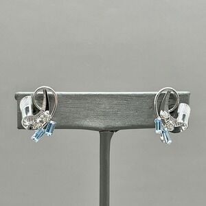 Carl Art Earrings Vintage Sterling Silver Blue Rhinestone Ribbon Screw Back